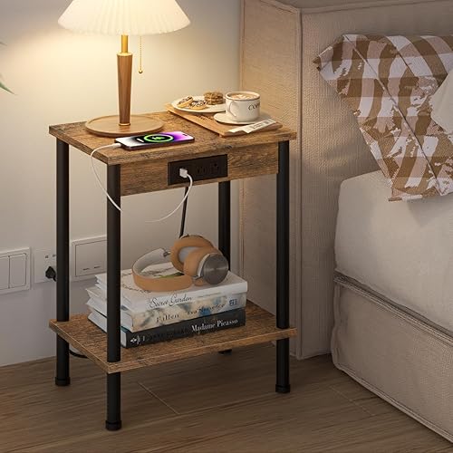 Miniatura 4 de Mesa auxiliar con estación de carga, mesa auxiliar pequeña, mesita de noche de 2 niveles con estante de almacenamiento, mesita de noche para