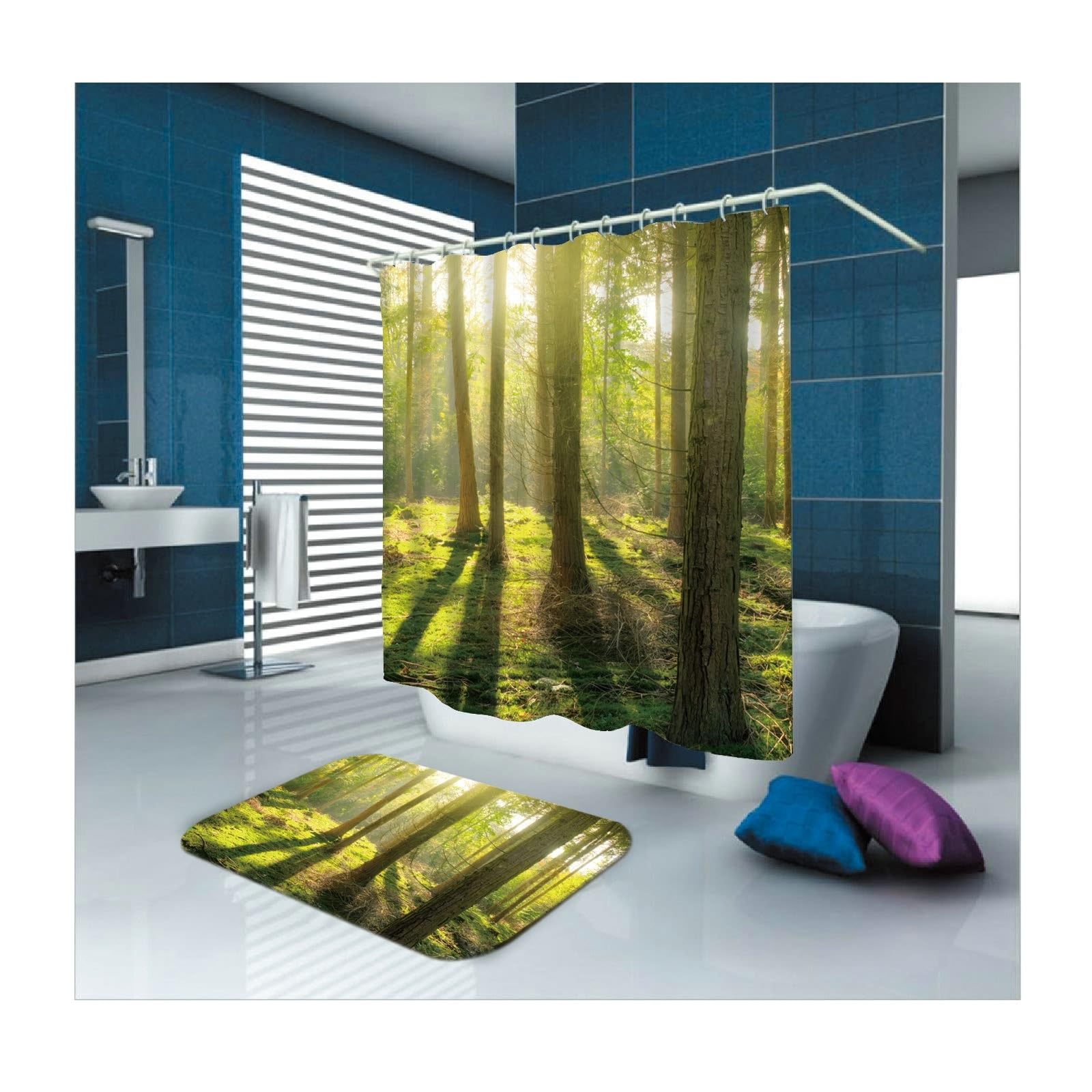 Cortina de ducha de 180 x 180 cm, textil verde, diseño de bosque, cortina de baño antimoho, poliéster, resistente al agua, lavable, para bañera, 1,8 x 1,8 m de largo (ancho x alto)