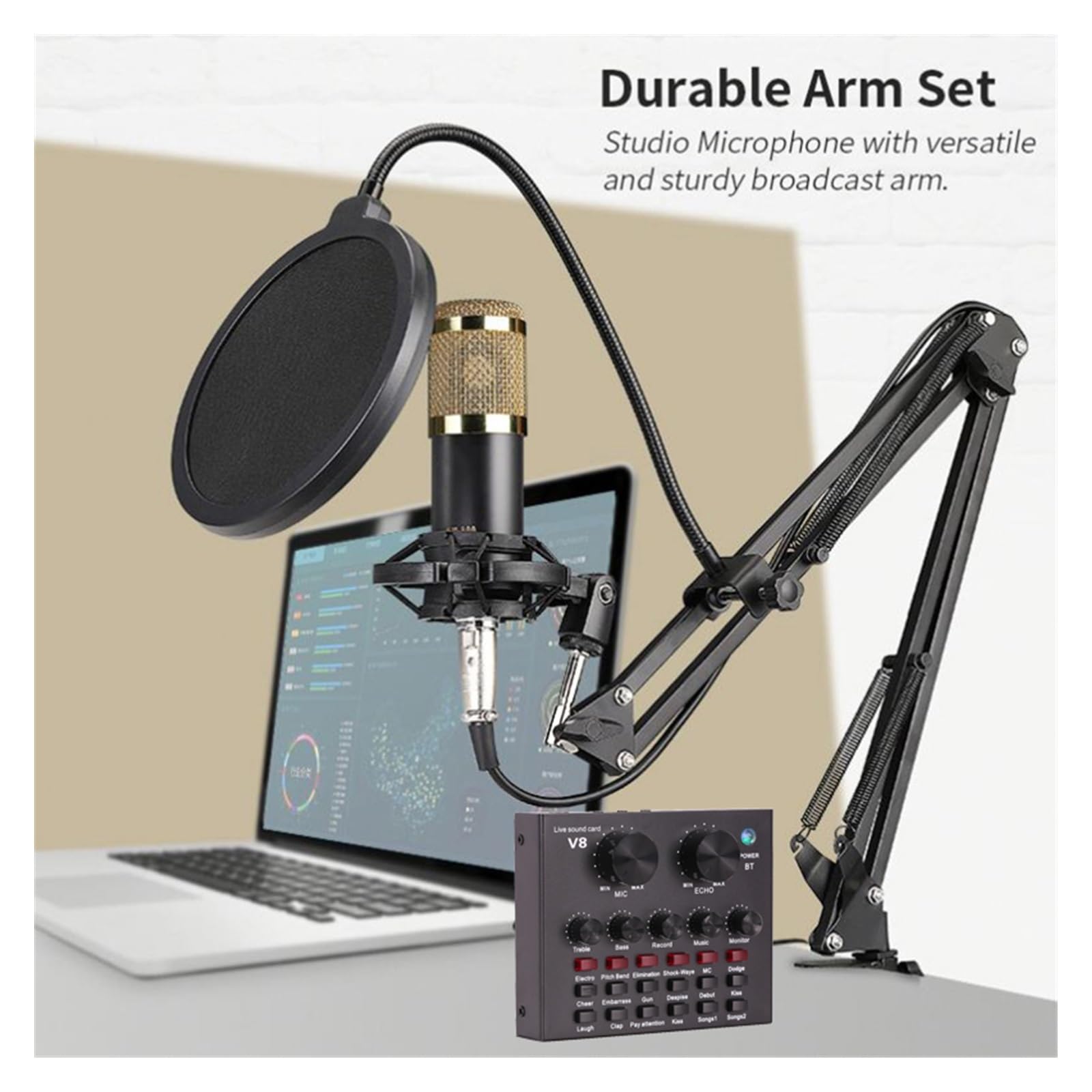 Podcast Kit, Micrófono Condensador Profesional BM800, micrófono V8 V9 V10, Tarjeta de Sonido, Ordenador, Audio, USB, Juego de Estudio de grabación, transmisión en Vivo, KTV(V8X and BM800 Mic)