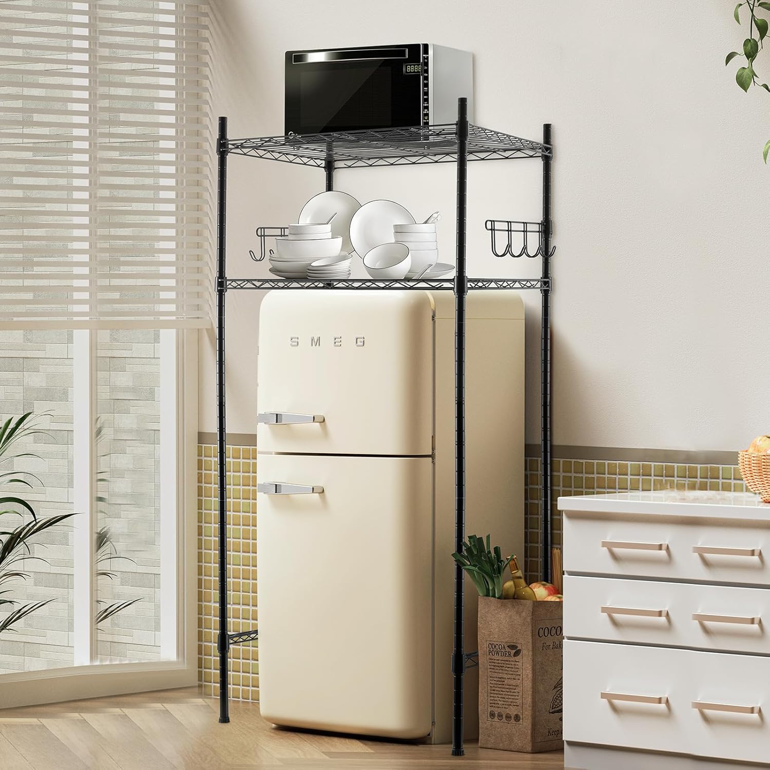 Sararoom Mini Fridge Shelf with Storage, 2-Tier Height Adjustable Mini Fridge Stand, Microwave Stand Multifunctional Rack with 4 Castor Wheel for Kitchen Dorm Office, 52” H x 24” W x 18” D, Black