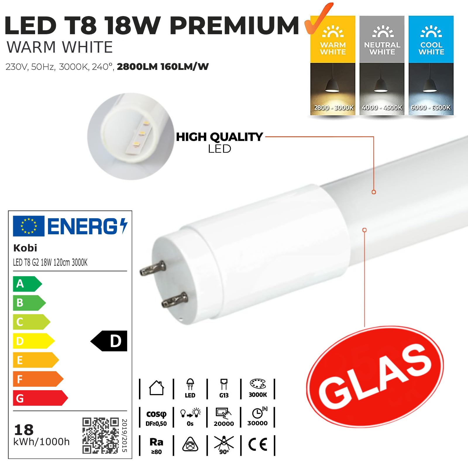 25er Pack PREMIUM LED Röhre T8 G13 120cm 18W Warmweiß 3000K – 2800lm – 160 lm/W High Efficiency – Glasrohr – Flimmerfrei – Ersatz für Leuchtstoffröhre – inklusive Starter