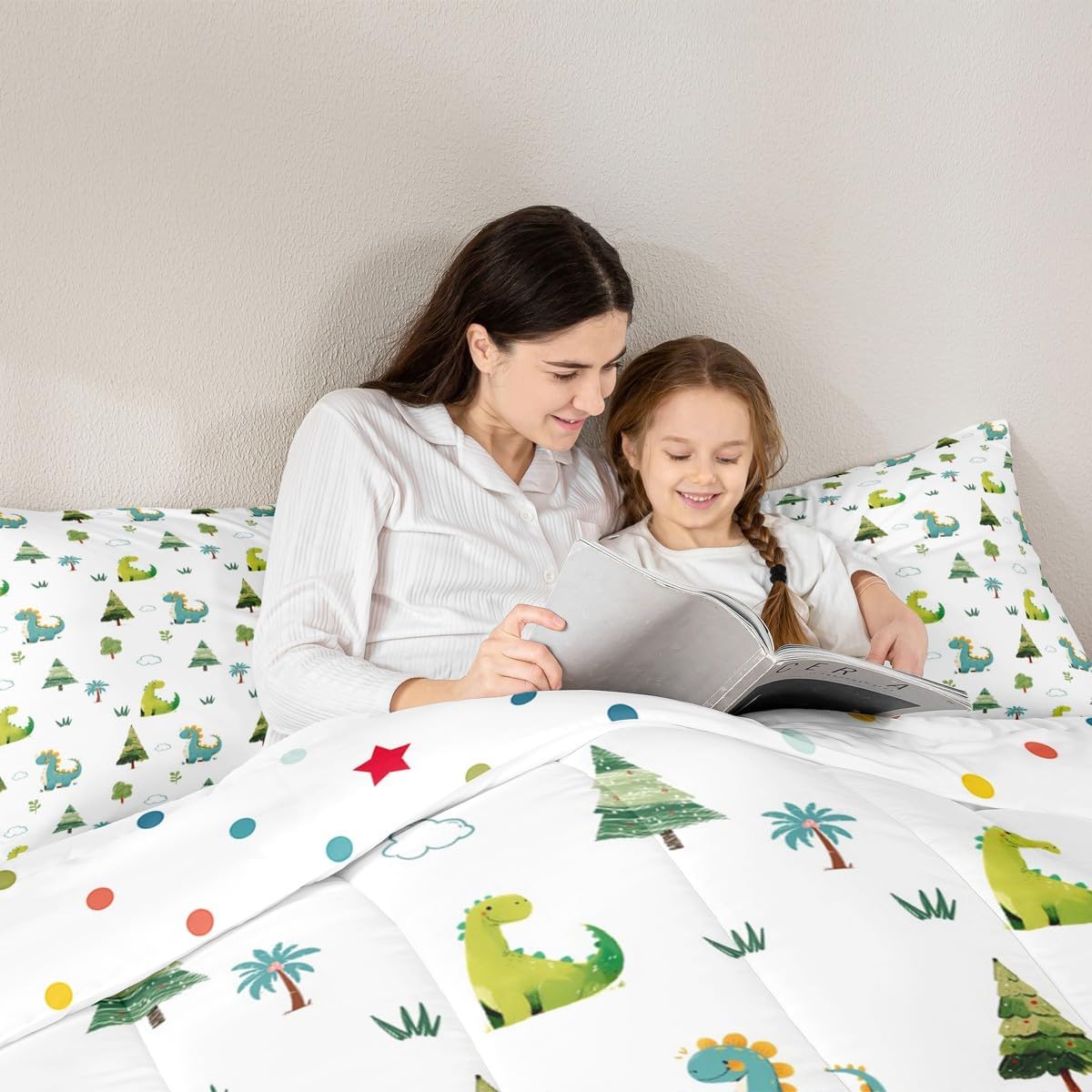 Feelyou Cute Dinosaur Kids Comforter Set Twin Size Cartoon Dinosaur Bedding Set Wild Animal Duvet Quilt for Kids Boys Girls Bedroom Jungle Dino Plant Decor Microfiber Ultra Soft Breathable