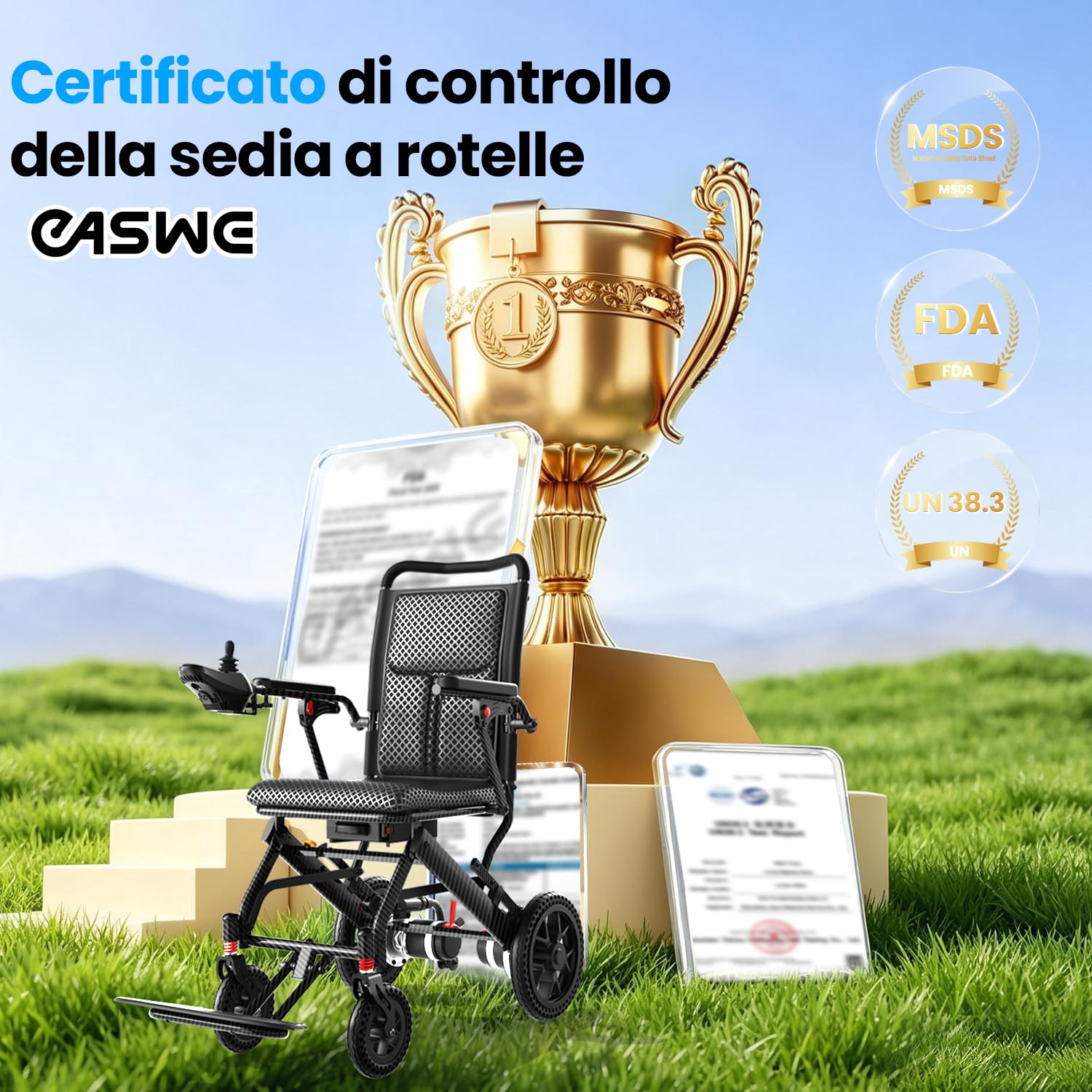 E10 Sedia a Rotelle Elettrica Leggera Per Adulti/Anziani, Autonomia 46 km, 24Ah, Motore 500W, Pieghevole e Compatta