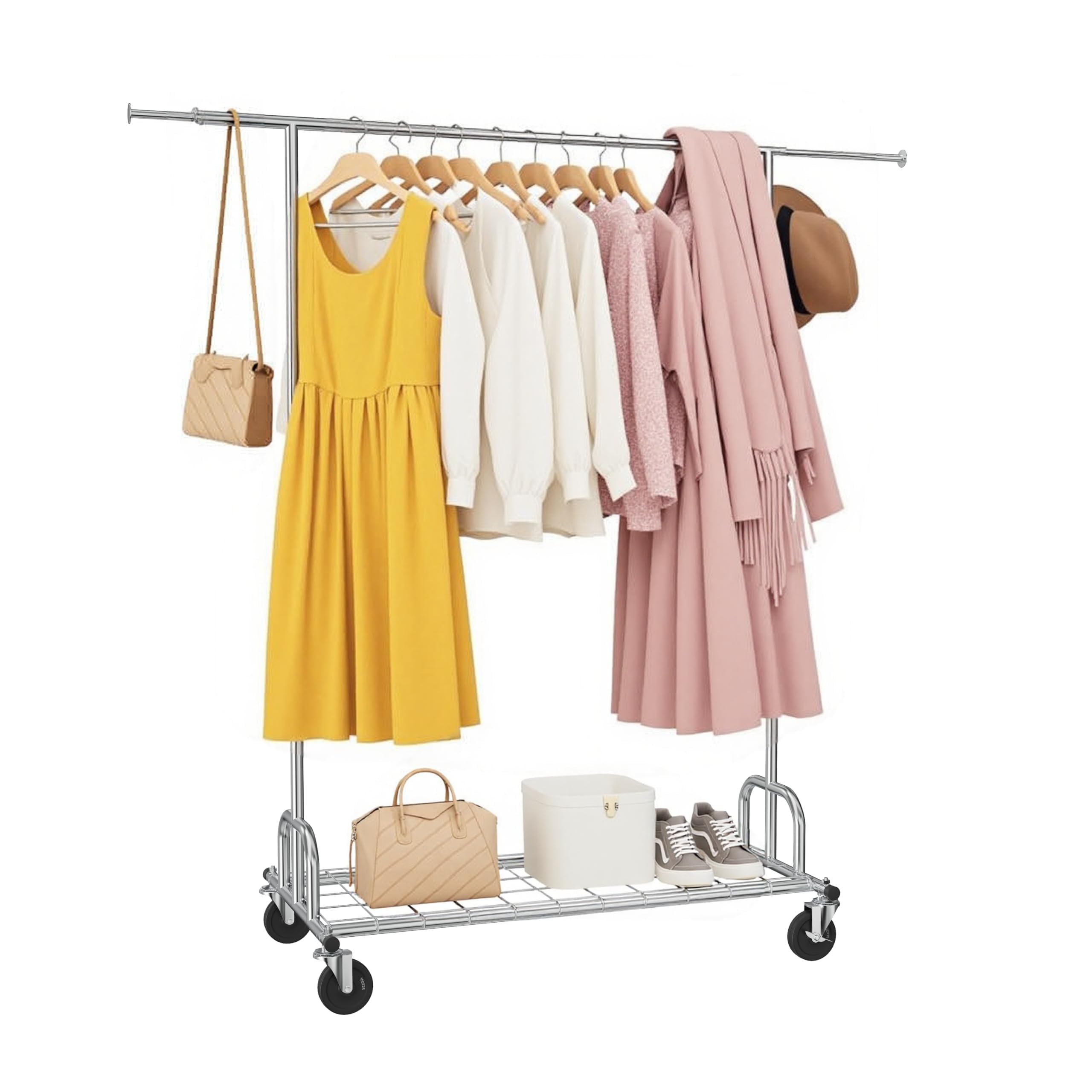 Heavy Duty Clothes Rack Load 480 LBS Rolling Clothes Racks for Hanging Clothes, Commercial Collapsible & Portable Metal Garment Rack, Coat Rack on Wheels