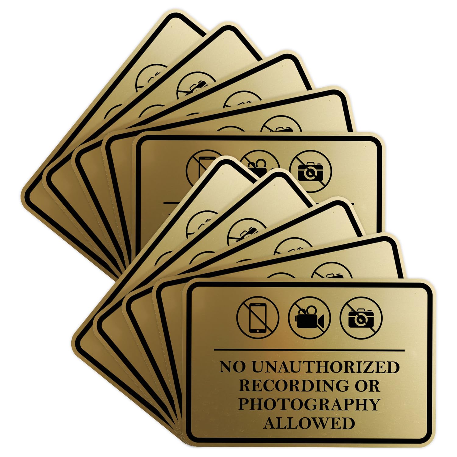 Classic Framed No Unauthorized Recording or Photography Allowed Door or Wall SignDurable Material | Easy Installation (Brushed Gold) - Small (10 Pack)