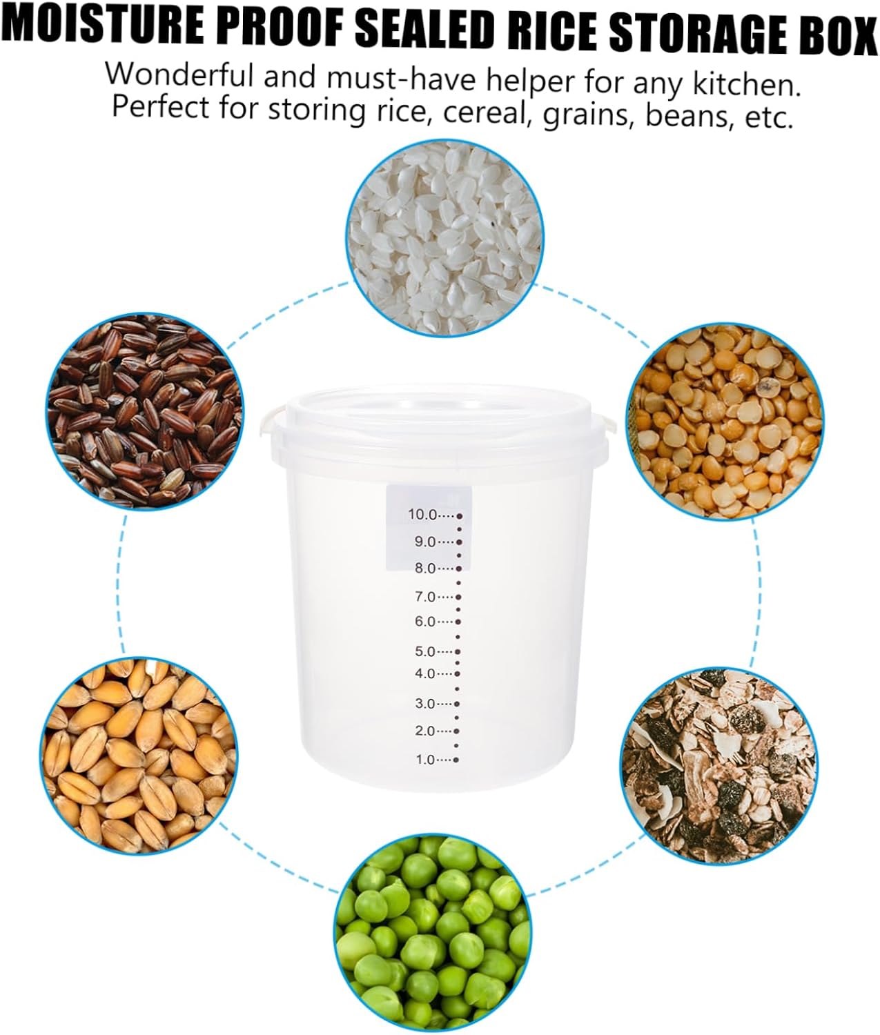Zerodeko 1Pc Airtight Rice Storage Bucket Sealed Grain Storage Container with Easy Access Cover Moisture Flour Box for Kitchen Material White