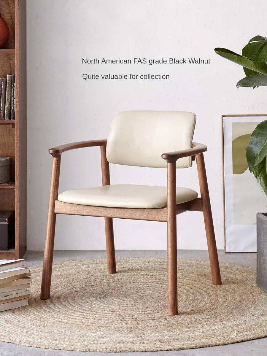 GVAwood Black Walnut Solid Wood Top Layer of Yellow Cowhide Armchair, Organic Leather: 25.4x22.8x31.5 inch / 64.5x58x80сm / Oat Milk Color/Organic Leather Armchair