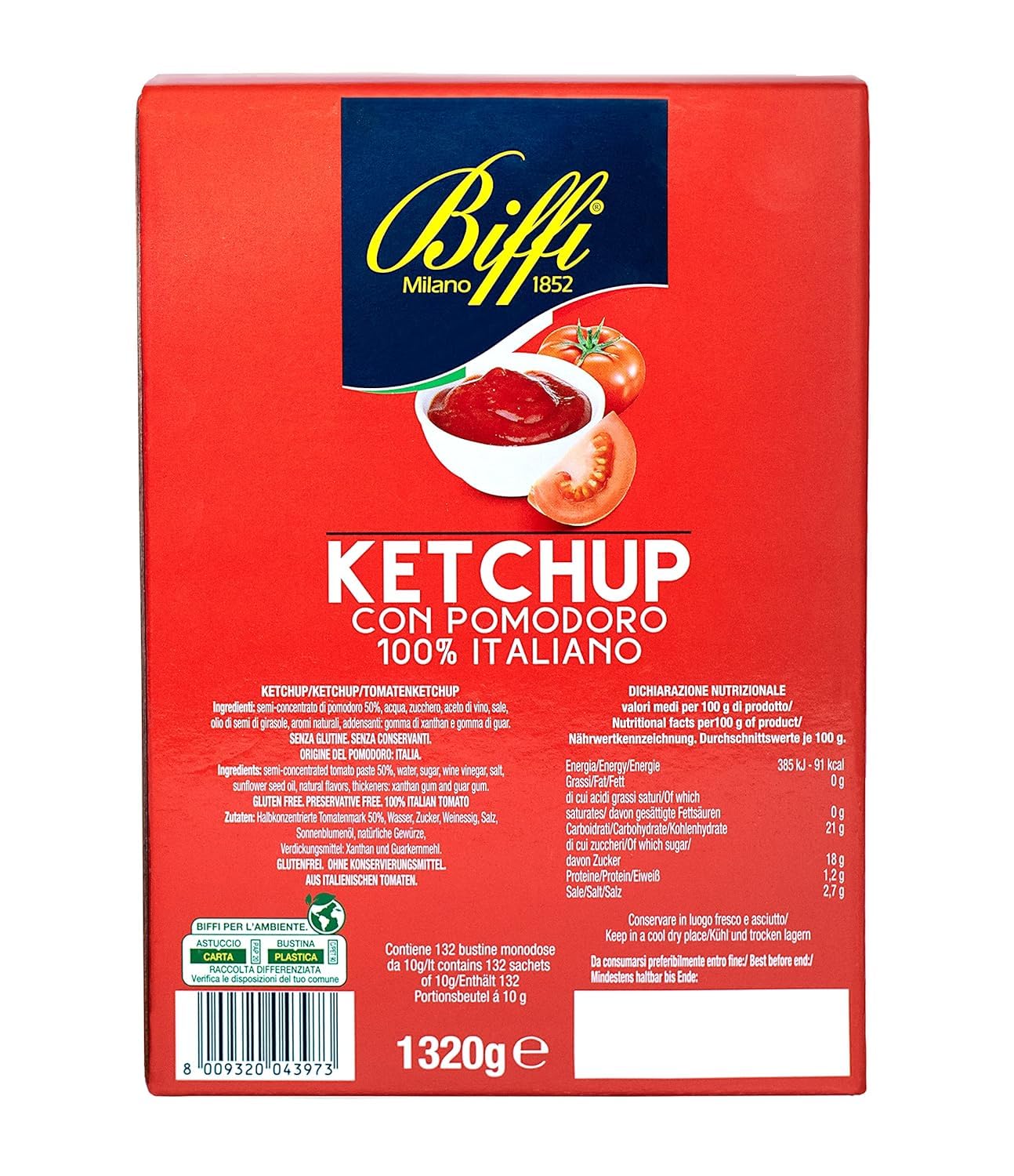 Italian Gourmet salsa ketchup Ketchup Sauce für Burger Panini 6 x 10g | Monoporzioni pratiche, gusto agrodolce; ideal zu Pommes, Hotdog, Grillparty, Gesamtnettogewicht 60 g + Kostenlos Polpa 400g