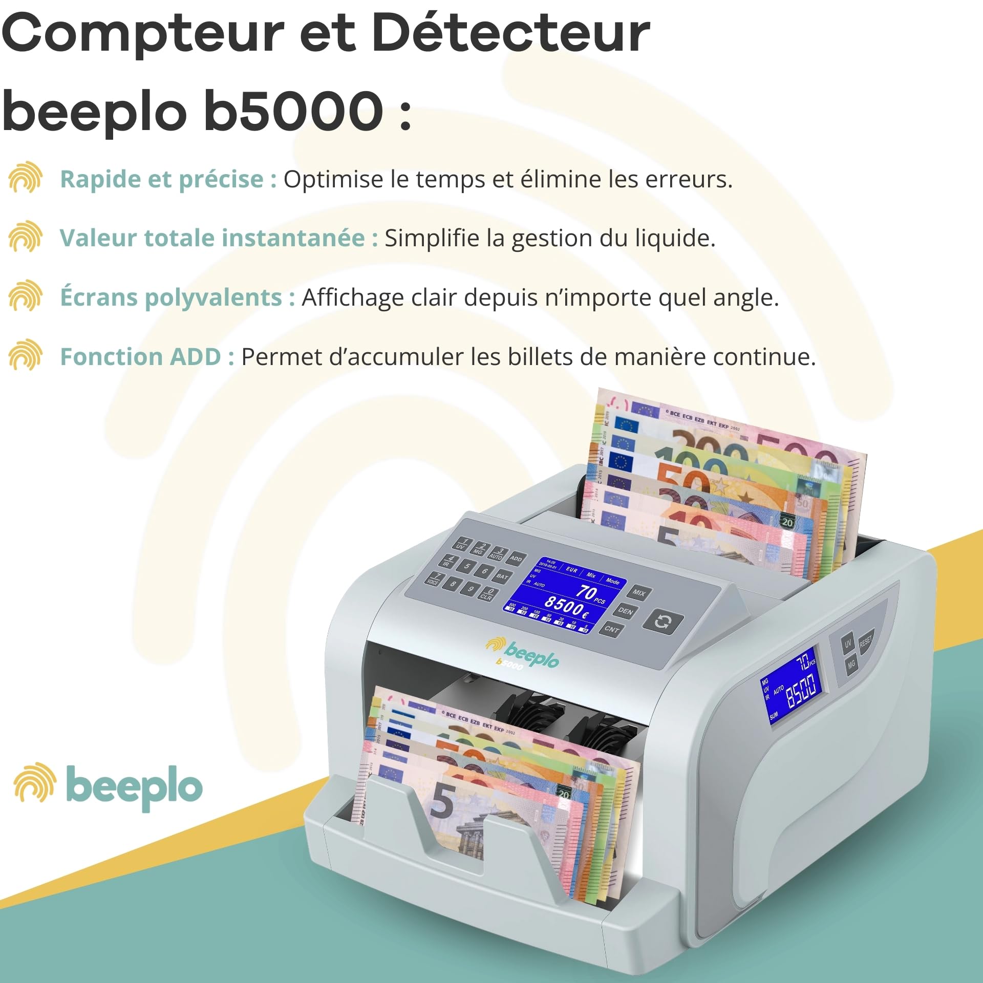b5000 Compteuse Totalisatrice de Billets EUR | 5 Systèmes de Détection, Compte et Totalise, Détecte les Billets, Précision Totale, Garantie 4 ans