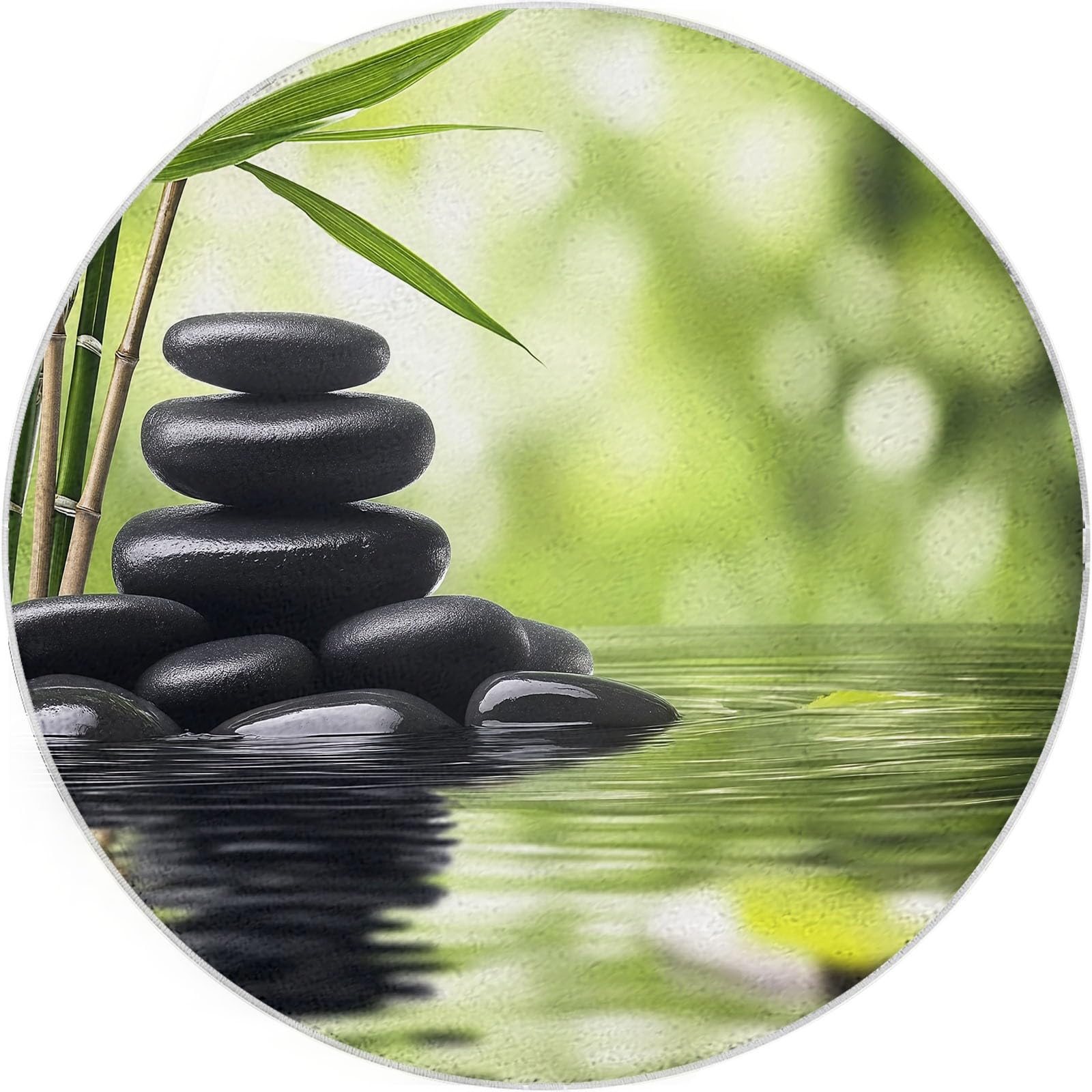 Tapis Rond de Sol 180 cm Plantes en Pierre Noire de méditation, Tapis Lavable imprimé atmosphère de méditation à Poils Courts - Moquette Coureur antidérapant Doux pour Salon Chambre Salle à Manger