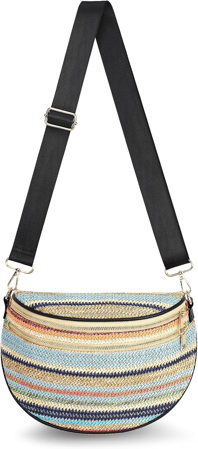 Summer Straw Bum Bag for Women, Woven Crossbody Fanny Pack with Adjustable Strap, Lightweight Vacation Waist Bag