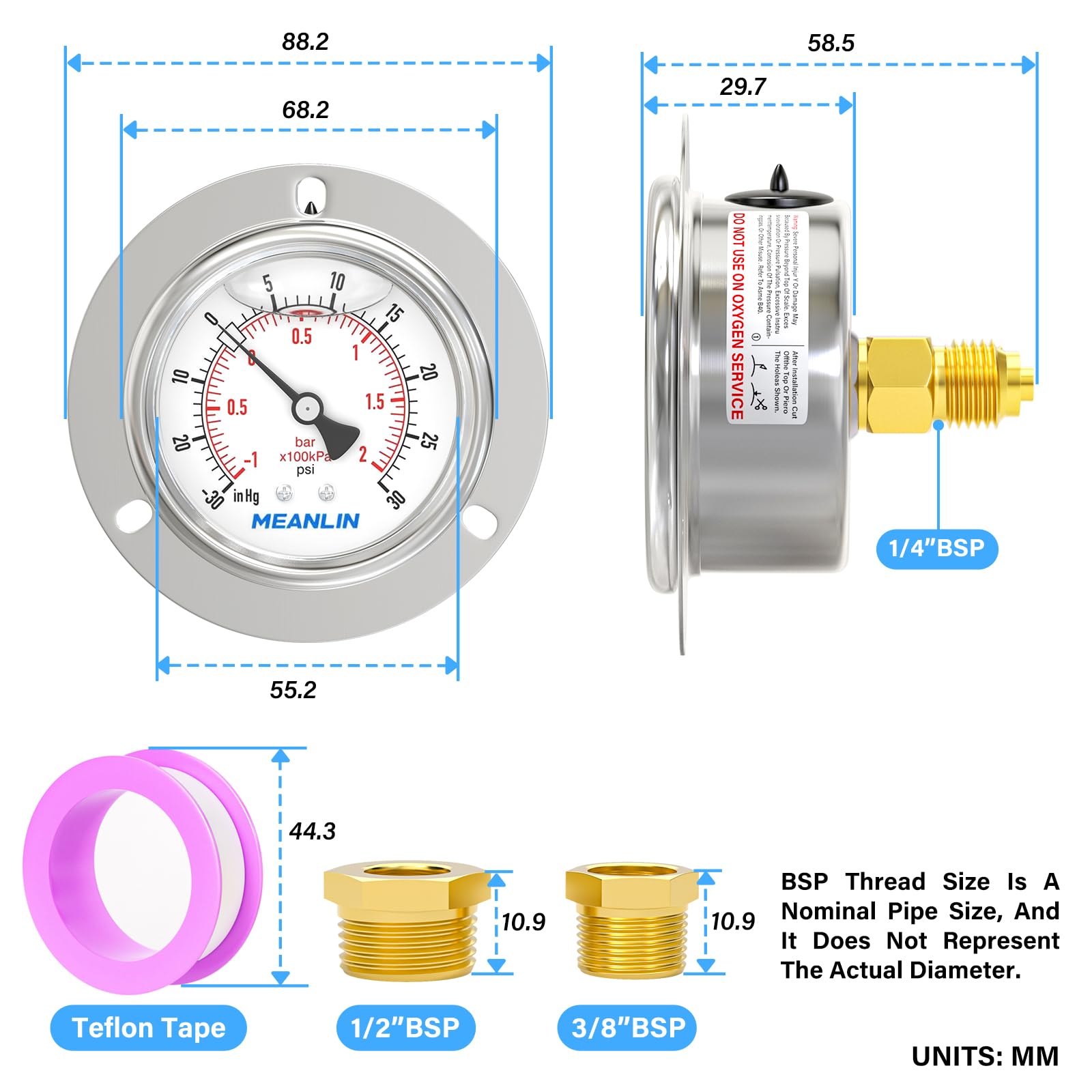 MEANLIN MEASURE -1~2BAR/-15~30PSI Manómetro de presión llenado con líquido,montaje en panel con brida frontal,1/4"BSP 2.5"FACE DIAL,caja de acero inoxidable con tornillo Phillips y tuerca,+/-3-2-3%.