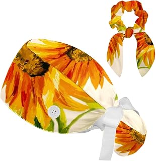 FVQL 2 Pieces Surgical Cap for Long Hair Scrub Cap with Hairband Nurse Cap, Sunflower Vintage Pattern