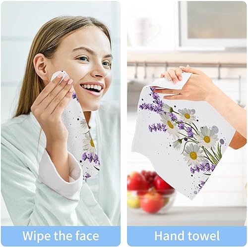 Miniatura 5 de susiyo Paños de lavado de margaritas blancas y flores de lavanda, 2 toallas pequeñas de algodón para baño