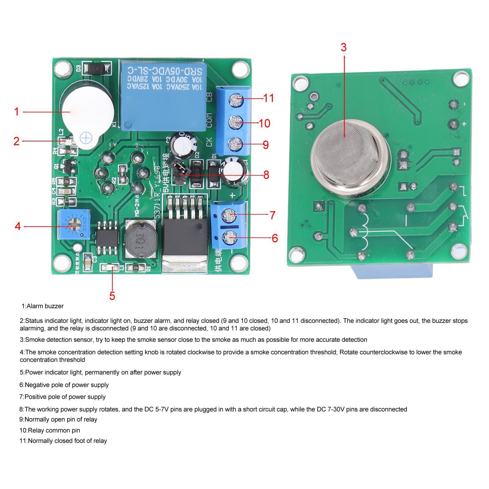 Module D'alarme de Détecteur de Fumée PVC, Capteur de Détection D'alarme Sonore et Lumineuse, Module de Relais, Contrôleur de Commutateur pour Cuisine, Hôtel, Entrepôt DC5-30V