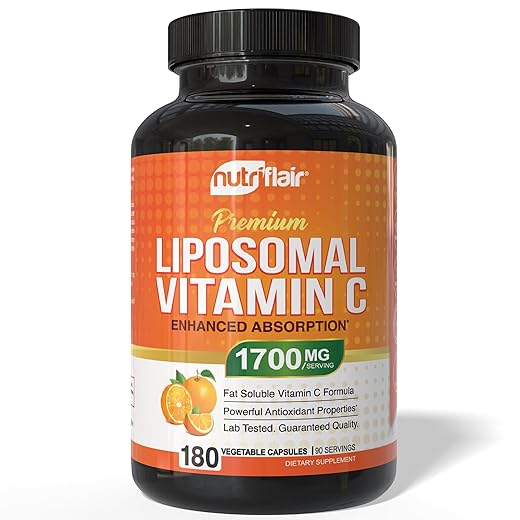 NutriFlair Liposomal Vitamin C 1600mg, 180 Capsules - High Absorption, Fat Soluble VIT C, Antioxidant Supplement, Higher Bioavailability Immune System Support & Collagen Booster, Non-GMO, Vegan Pills
