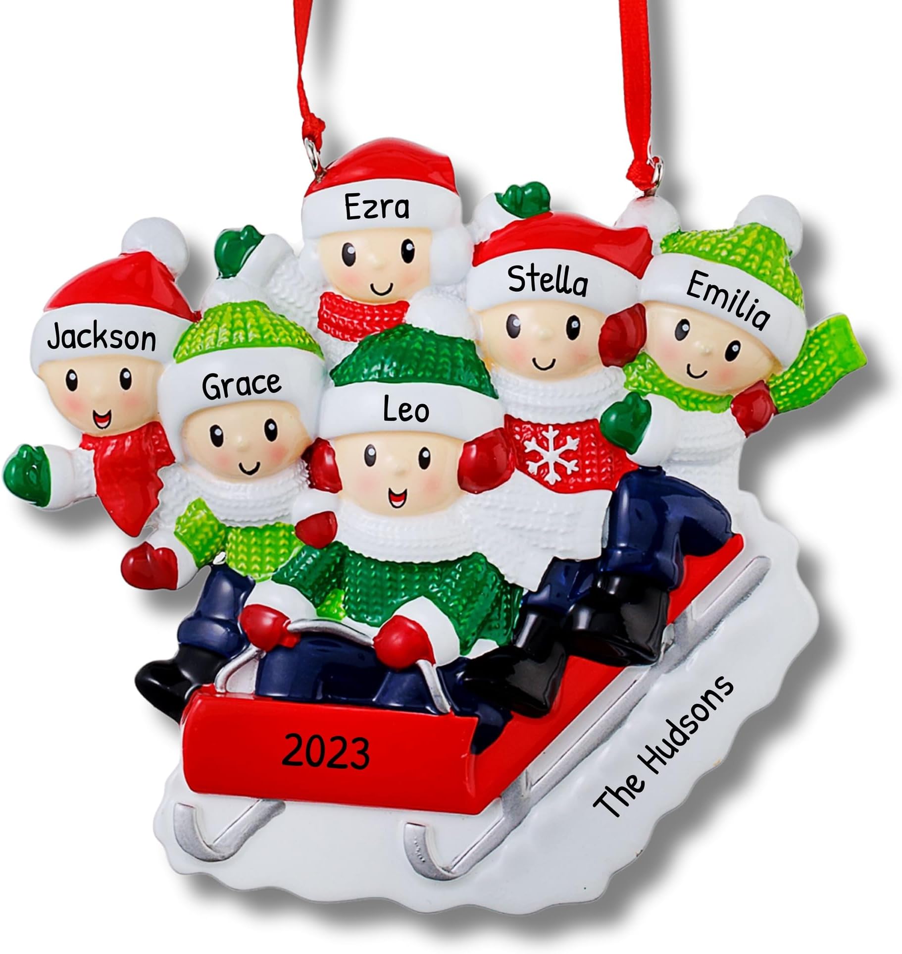 Ornaments by Elves - Personalized People Sled Family of 6 Christmas Ornaments 2024 - Home Christmas Decorations of Kids Ornaments - Christmas Hanging Decor in a Giftable Packaging