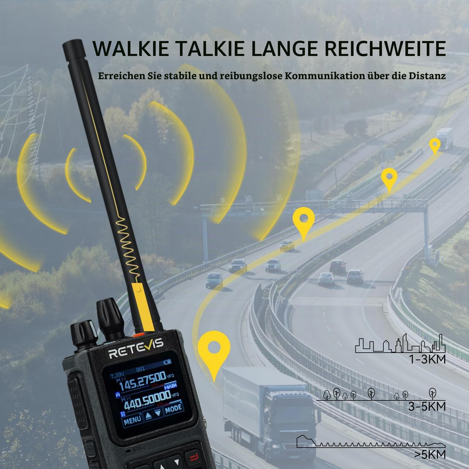 Retevis C1 Dual Band Amaeurfunkgerät mit Mikrofon, Walkie Talkie Long Range, Wasserdicht IP67, Rauschunterdrückung, Anrufalarm,1800 mAh, Portable Radio für Waldrettung (Schwarz, 2 Stück)