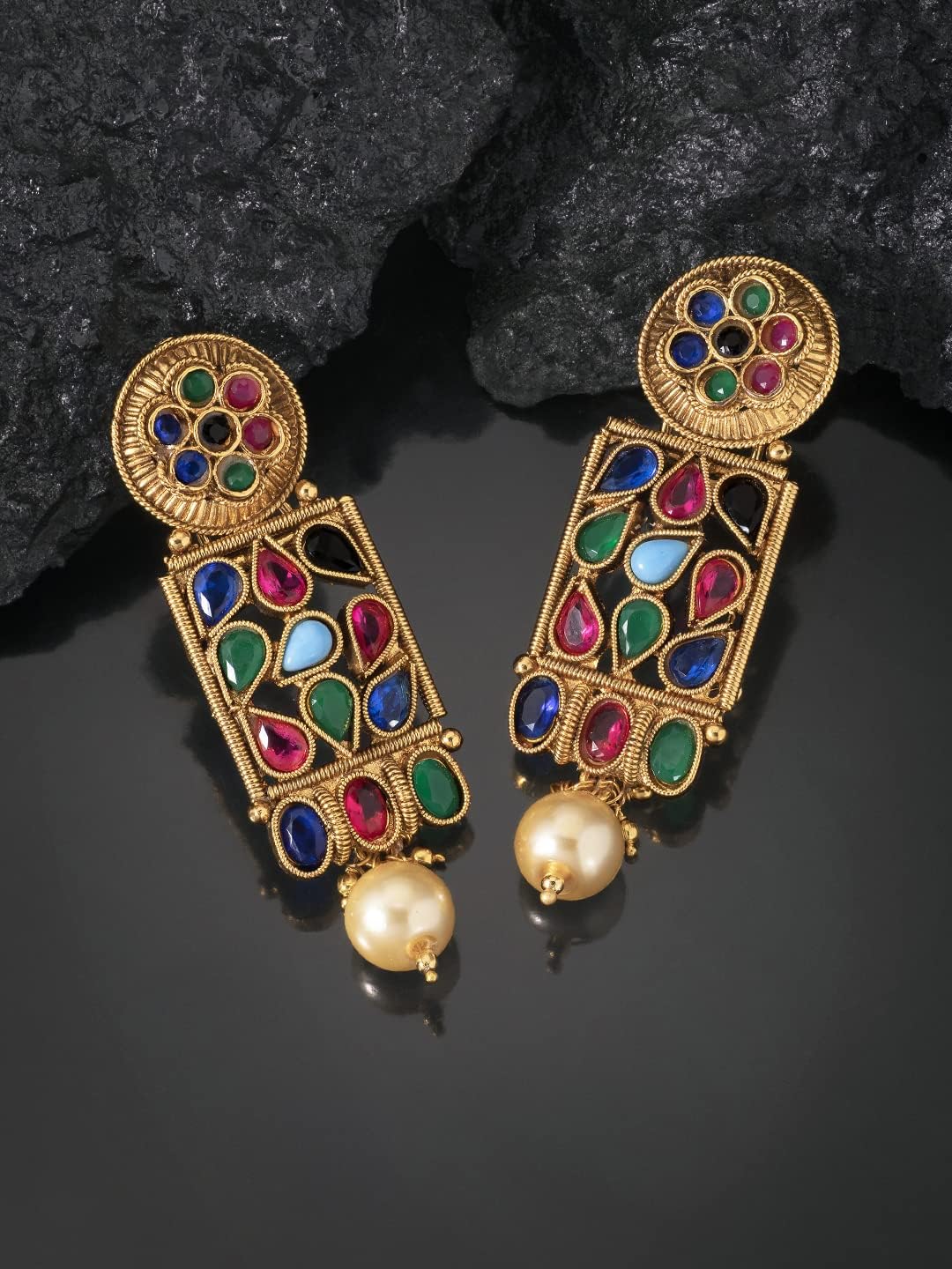 Aheli Vintage Oxidized Bohemian Faux Stone Studded Stud Earrings Jhumki Set Indian Ethnic Wedding Fashion Jewelry Gift for Women