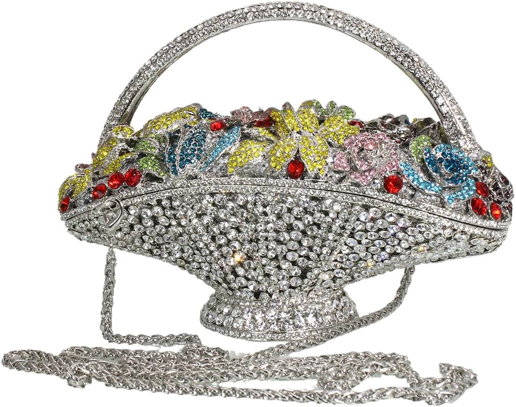 Women Vintage Floral Basket Rhinestones Evening Bag Flower Crystal Clutch Purse Diamond Handbag for Wedding Party
