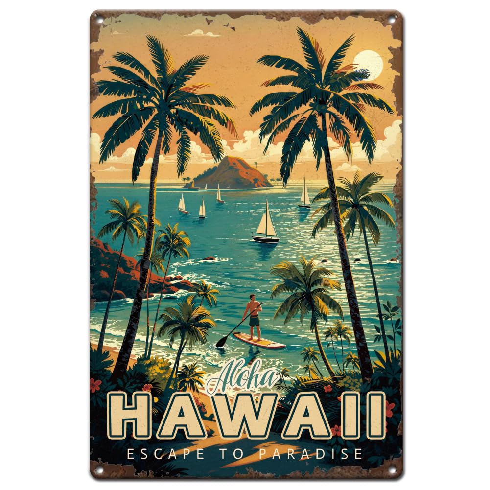 SUPERDANT Hawaii Metal Signs Retro Tin Signs Vintage Wall Decor Escape to Paradise Bar Decor Beach BBQ Garage Man Cave Porch Pre-Drilled Rolled-Edge Iron Plaque 30x20cm