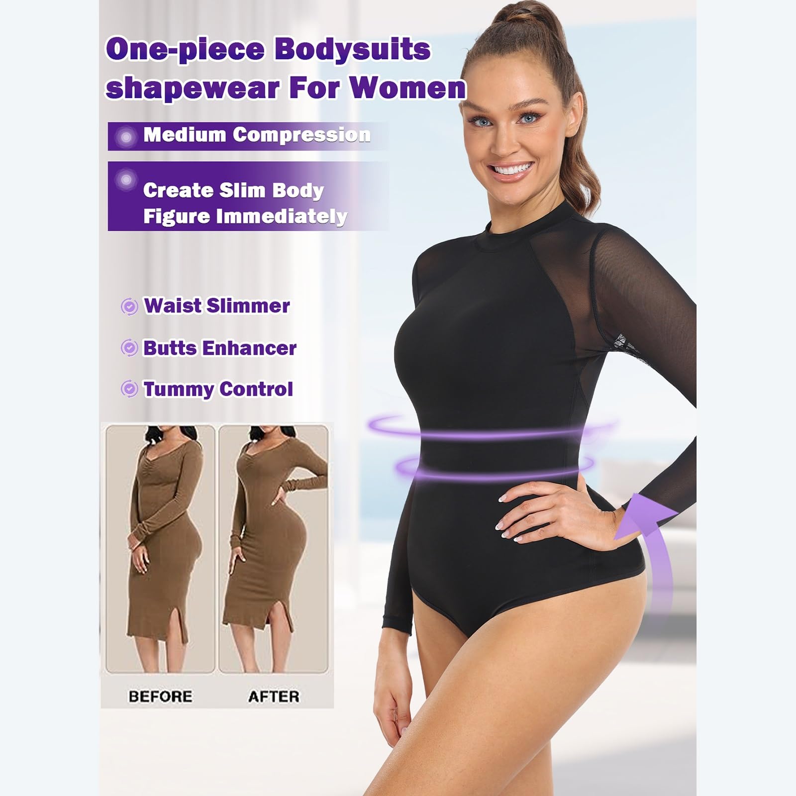 Body sexy transparente de manga larga con cuello redondo y bodycon de color sólido para mujer