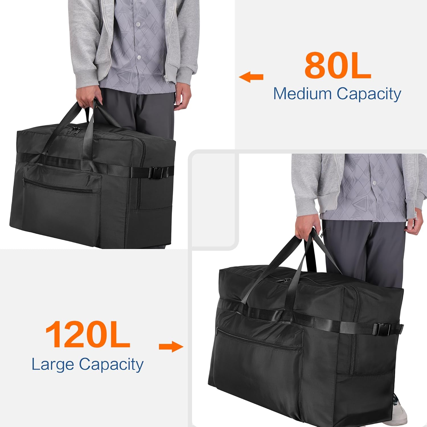 Hafmall 80L Foldable Duffel Bag for Travel, Waterproof Weekend Overnight Bag, Large Collapsible Storage Bag for Moving, Camping (Black) - Image 7