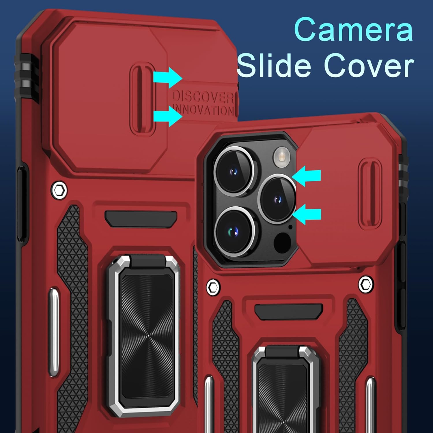 DEERLAMN Case for iPhone 15 Pro with Slide Camera Cover+Screen Protector(1 Pack), Rotated Ring Kickstand Military Grade Shockproof Protective Cover 6.1 Inch-Red - Image 3