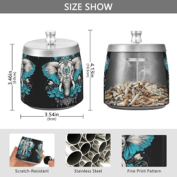 Boho Elephant Blossom Teal Ashtray with Lid Stainless Steel Smokeless Metal Ashtray for Home Balcony