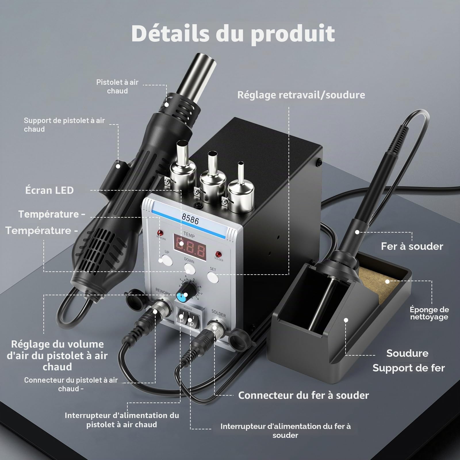 Station de Soudage, 2 EN 1 de 700W Station Soudage à Air Chaud et Fer a Souder avec Contrôle de Température Précis, Affichage LED, Kit de Station pour l'électronique, Projets de Bricolage, Réparation