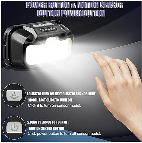 Miniatura 4 de Yacig Linterna frontal recargable, 1300 lúmenes LED con luz rojaverdeblanca, 7 modelos con sensor de movimiento impermeable, luz de cabeza ligera