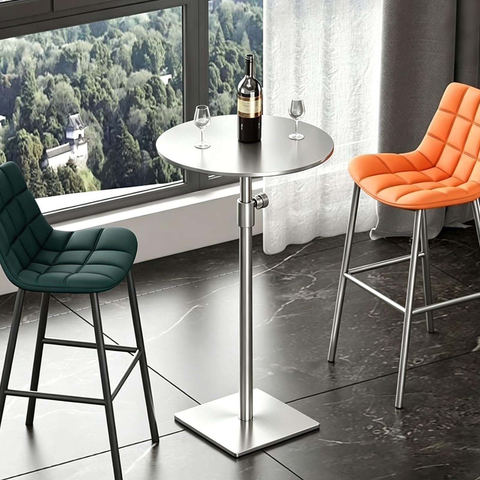 Mesa de bar ajustable de acero inoxidable de 50cm con base cuadrada estable