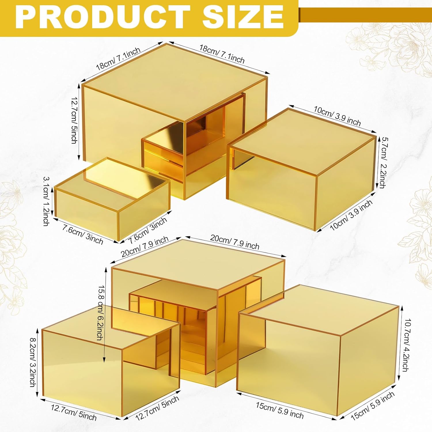 Geelin 6 Pack Acrylic Risers for Display Acrylic Cube Boxes Risers Display Stands with Hollow Bottoms Decorative Stand for Jewelry Candy Table Decor 6 Sizes(Gold,3 to 8 Inch,Square)