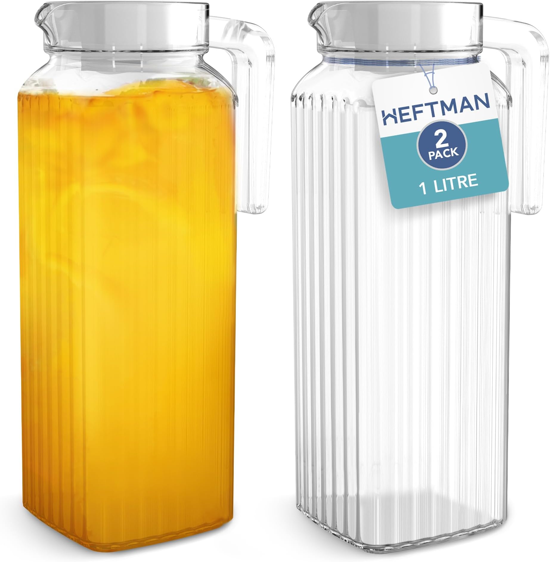 Glass Water Jug for Fridge - 2 Pack (1 Litre) Jugs with Lids Ribbed Design, Spill-Free Spout, Vented Lid Hot/Cold Ice Tea Coffee Milk & Juice Transparent Pitcher (HM3482)