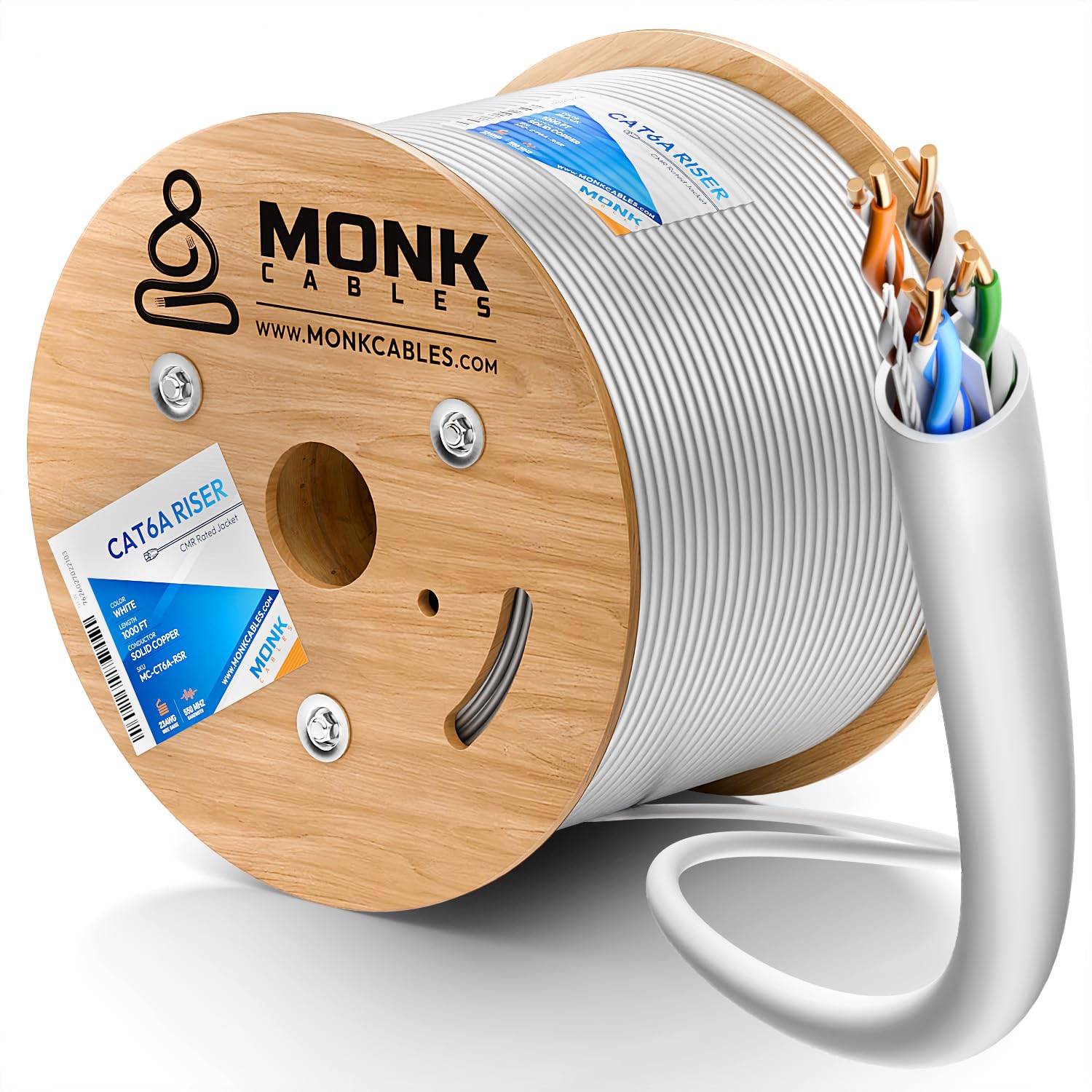MONK CABLES | CAT6A Riser Cable 1000ft | 100% Pure Copper | ETL Listed | UTP, 23AWG, 750MHz | DSX-8000 Certified | Stable & Remarkable Performance (White)