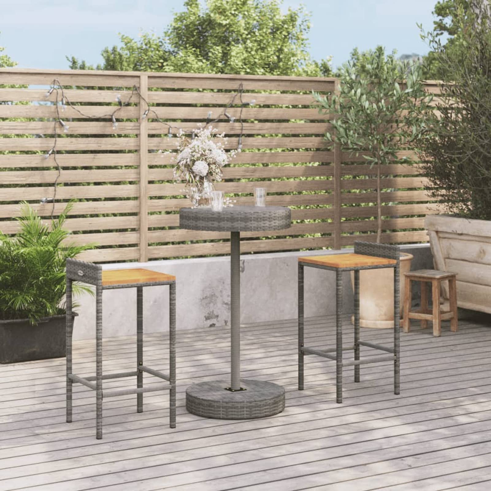 ZEYUAN Mesa y taburetes Altos jardín 3 pzas Madera y ratán PE Gris, Mesa Y Sillas Terraza Exterior, Mesa Y Sillas Jardin, Conjunto Mesa Y Sillas Terraza, Muebles Jardin Exterior 3187715