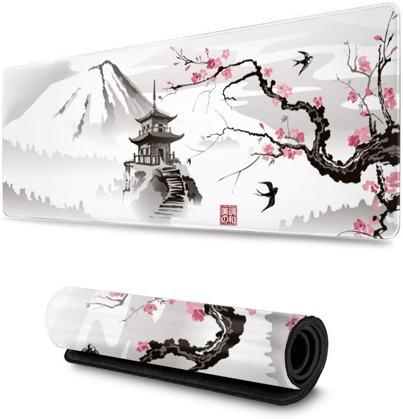 Gaming Mouse Pad XL Japanese Pagoda and Cherry Blossom Branch Oversized Desk Mat 30x80cm Cloth