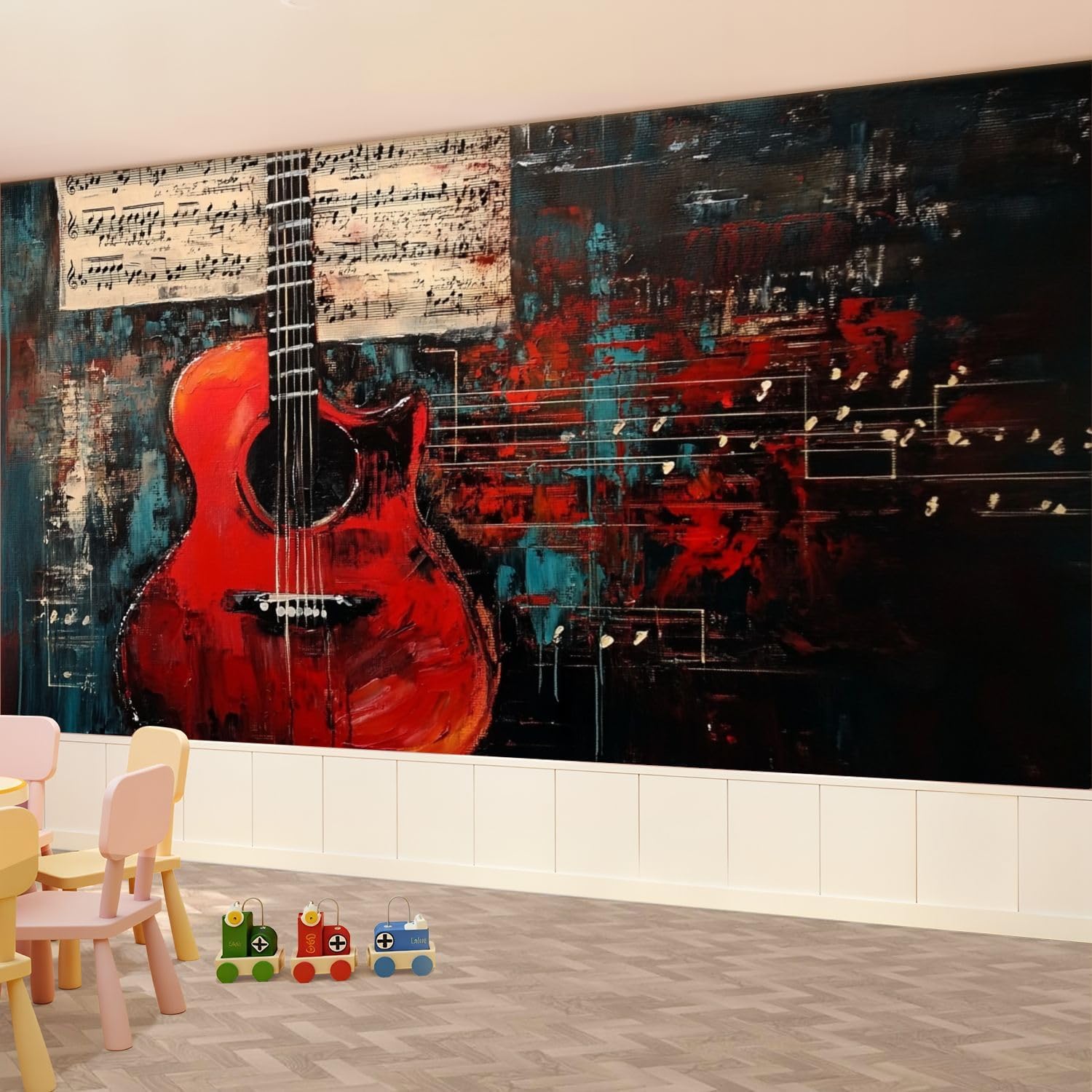Modern Peel and Stick Wall Mural Wallpaper Music Themed Piano Saxophone Violin Rock Red Musical Notes Textured Self Adhesive Removable Wall Stickers for Living Room Bedroom TV Background 69''x98''
