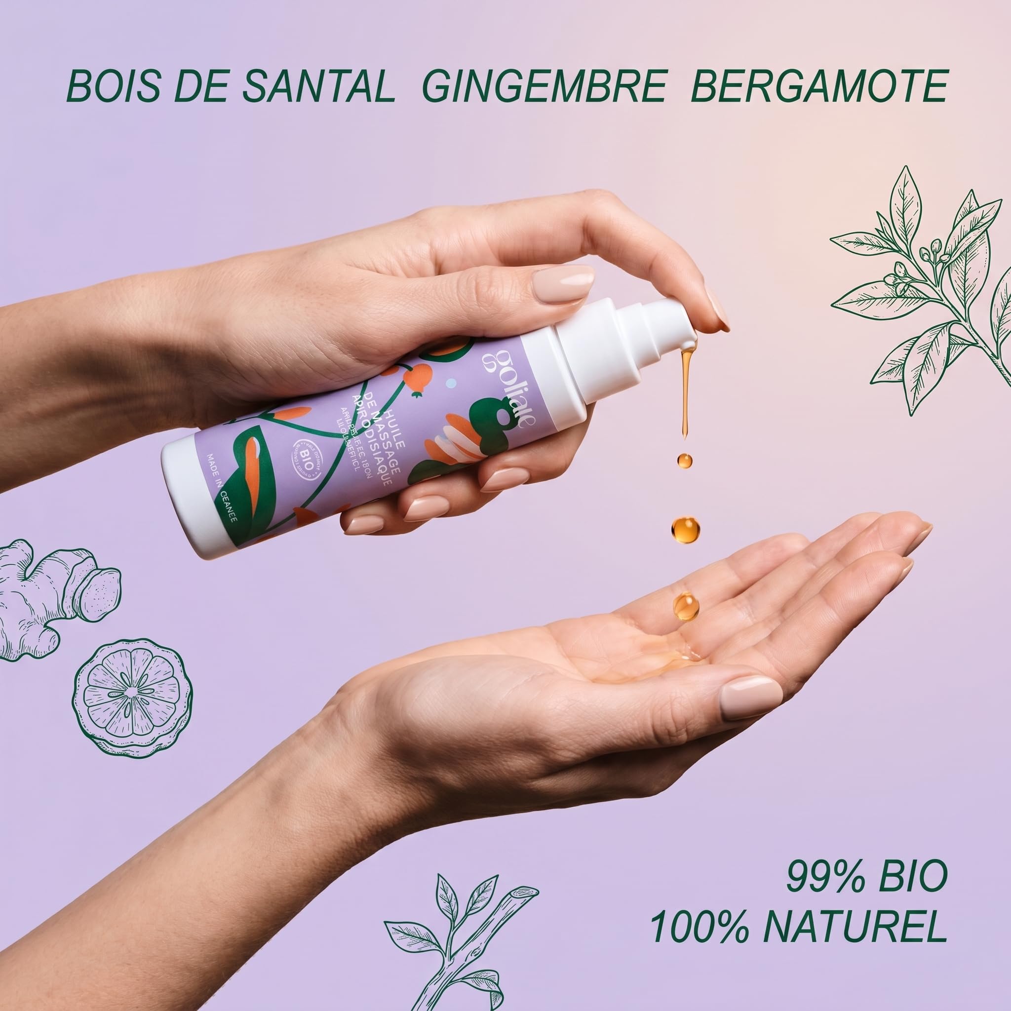 GOLIATE Piacere Nel Modo Francese – Olio Biologico per Massaggi - Afrodisiaco – Gel Cosmetico Rilassante – Sessuale Tantrico Vegano a Base di Piante Compatibile con i Preservativi - 100 ML
