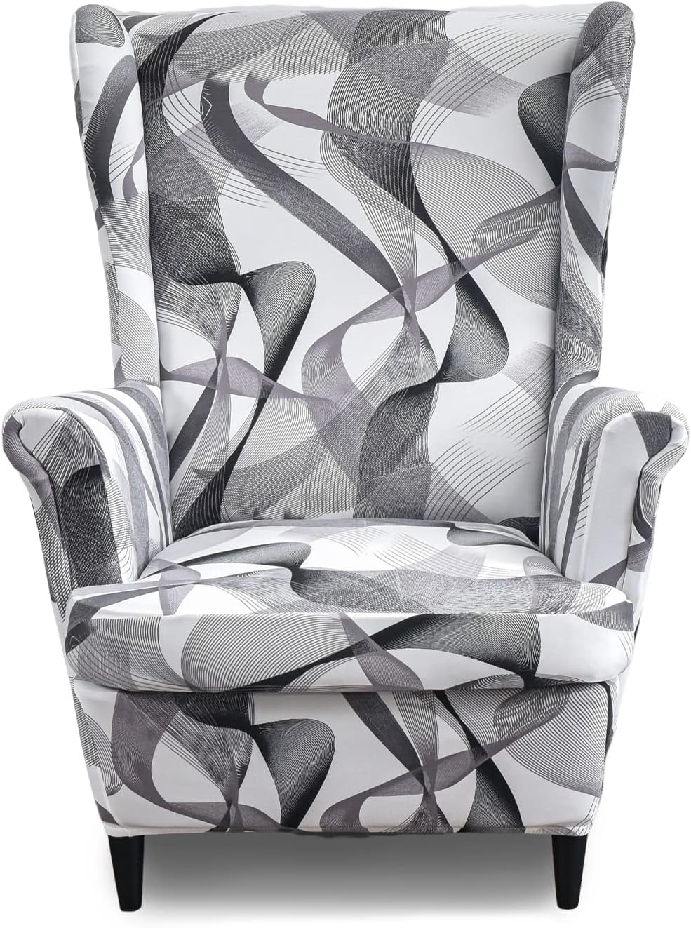 Wing Chair Slipcovers 2 Pieces Printed Wingback Chair Covers Armchair Covers Stretch Spandex Sofa Slipcover with Elastic Bottom for Living Room Bedroom Dining Room (Grey/White)