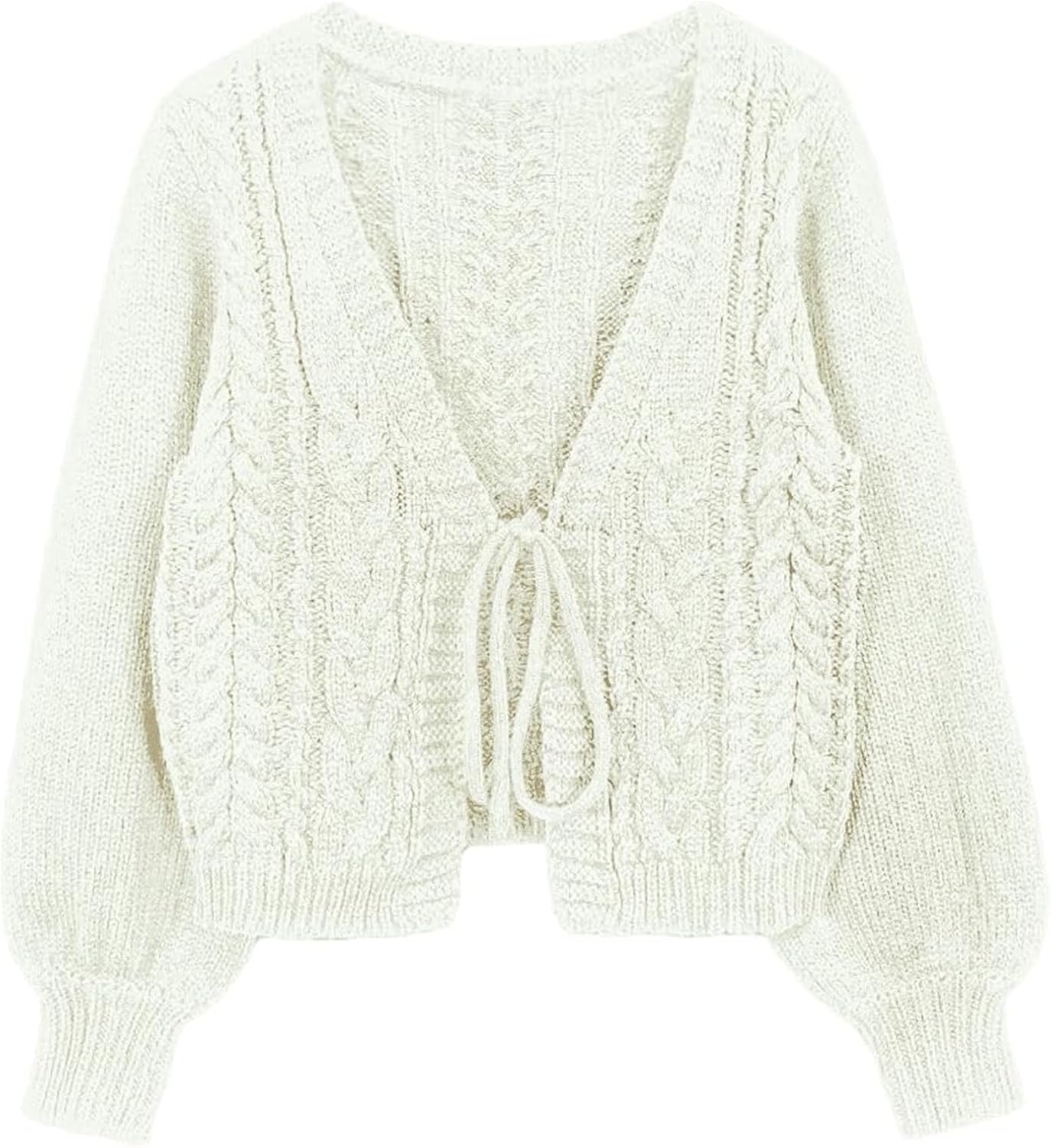 Women's Solid Drop Shoulder Tie Front Blue Rib Knit Shrug Sweaters Cardigan Crop Top Fall Long Sleeve Outerwear Sweaters Cute