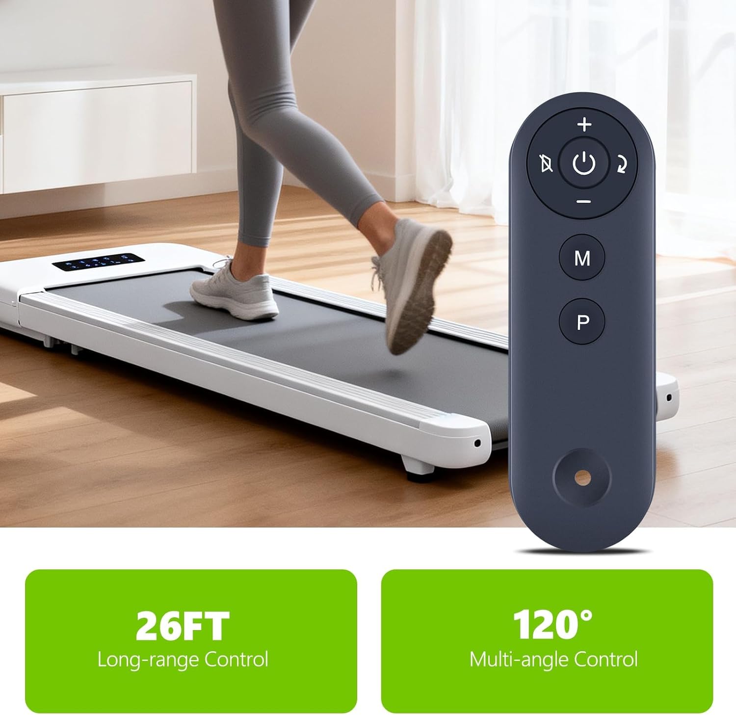 Remote control in use with a walking pad, highlighting long-range and multi-angle control