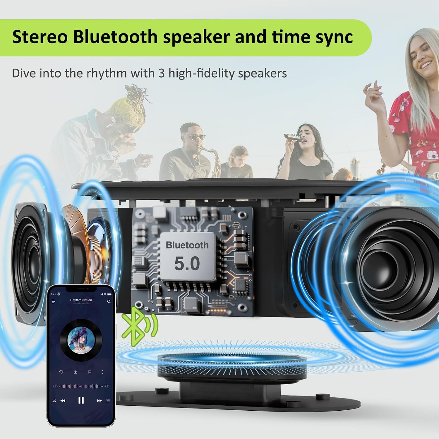 DreamSky Alarm Clock Radio with Wireless Charging and Bluetooth Speaker | Loud Alarm for Heavy Sleepers, Bedroom Digital FM Radio with Sleep Timer, 0-100% Dimmer, 9 Alarm Sounds & 16 Volumes, USB