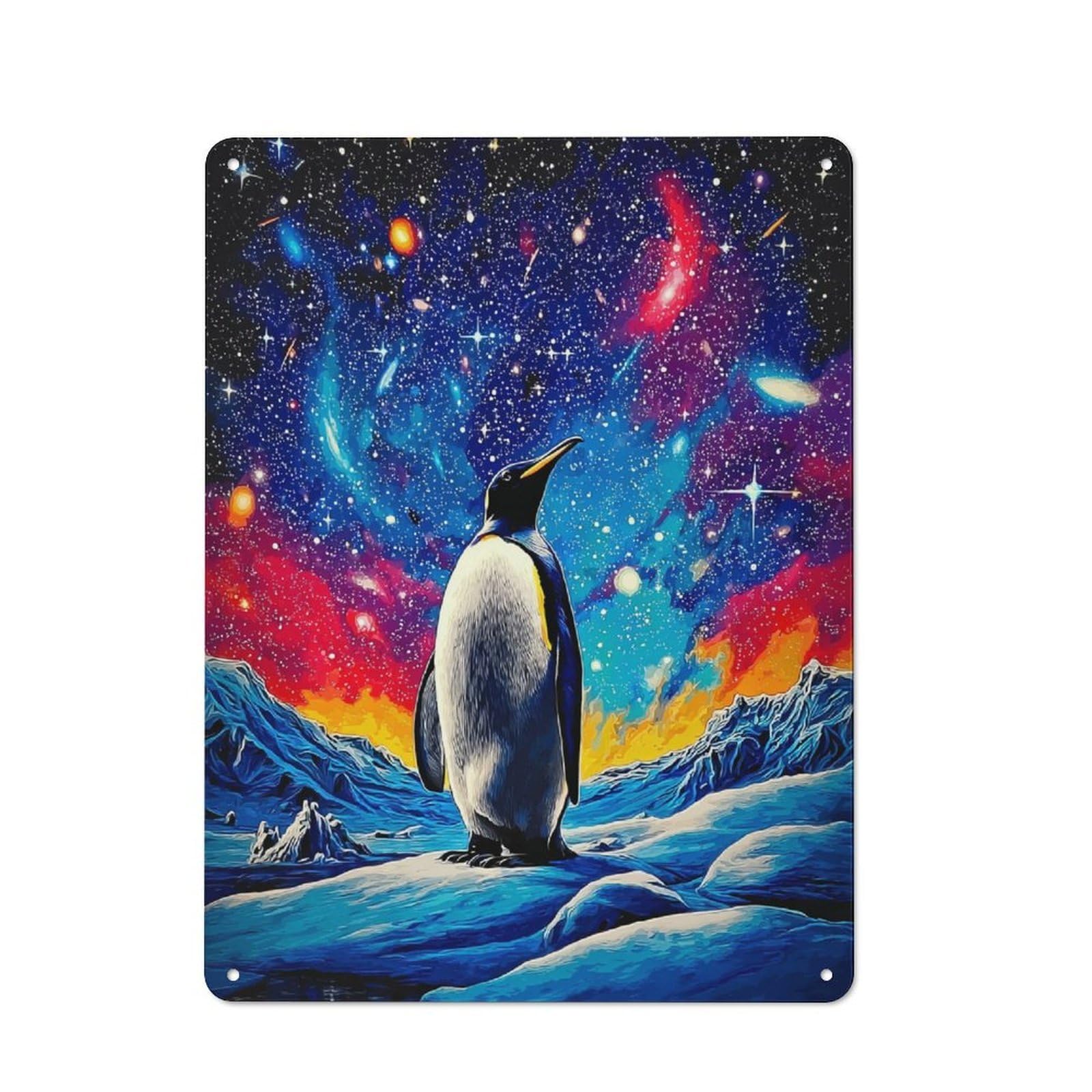 Junmoney Penguin In Cosmic Wonderland -1 Urban Metal Wall Decor 40X30cm, Metal Wall Art Sign For Loft, Studio, Office Or Creative Room