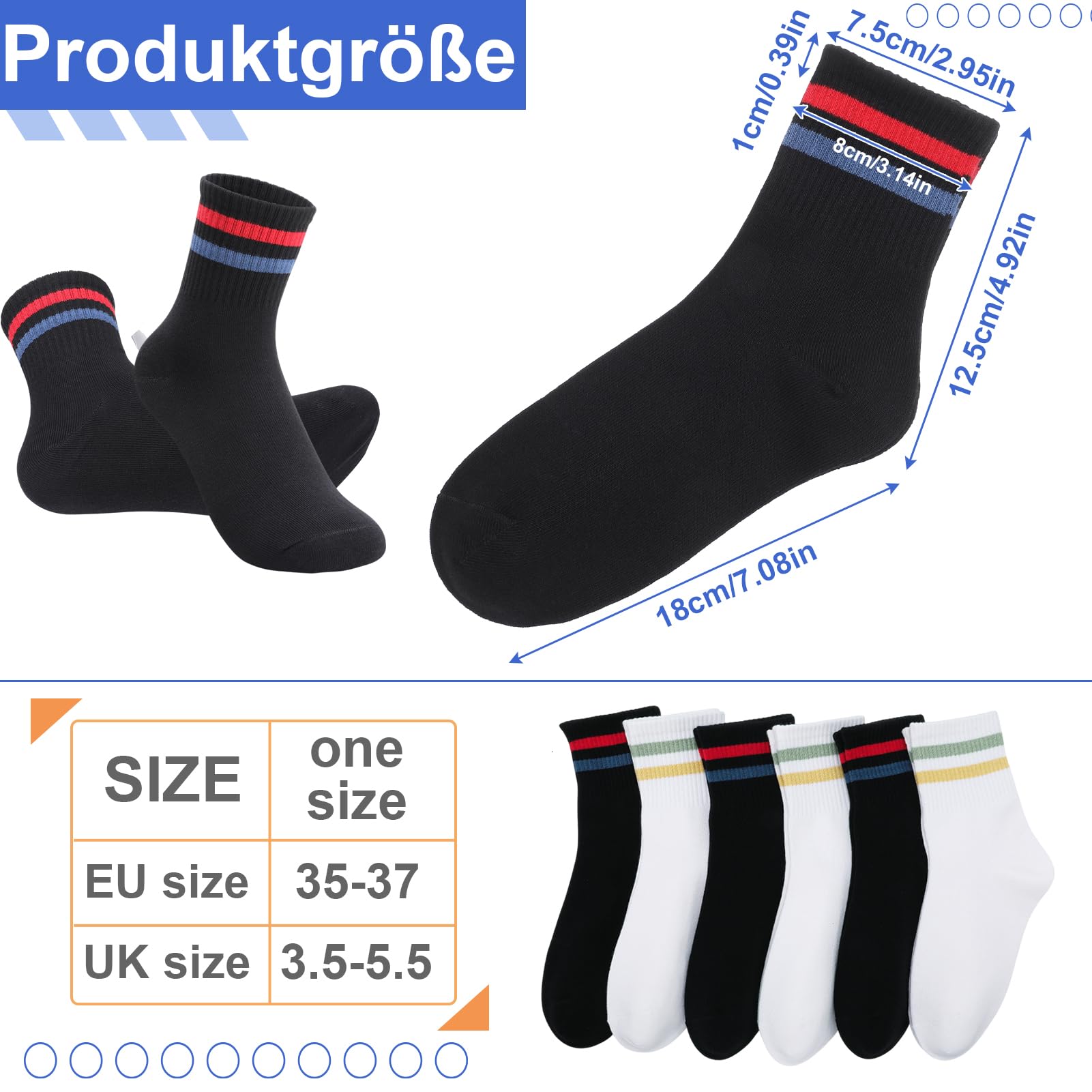 Utensilsto 6 Paires de Chaussettes de Sport en Coton à Rayures - Pour Garçons et Filles 35-38 - Tennis