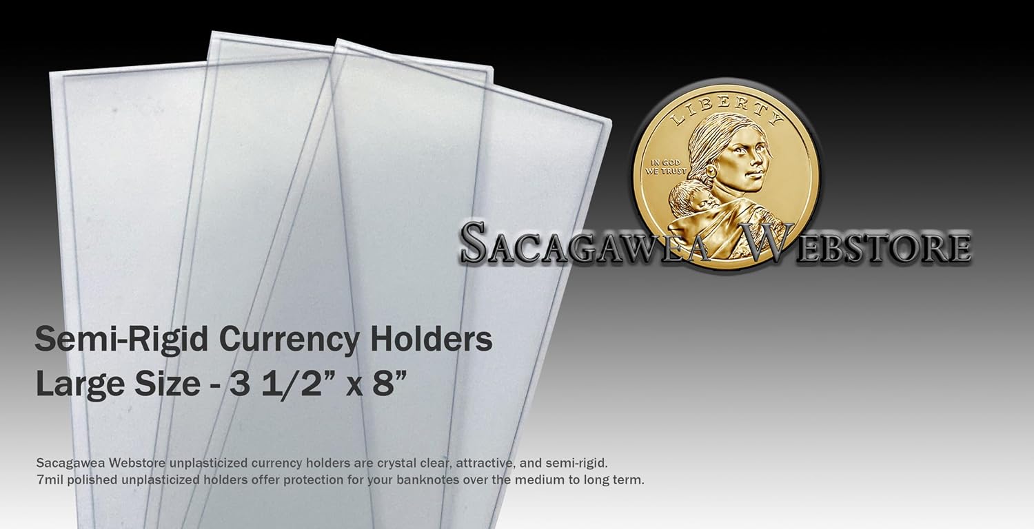 Semi-Rigid Currency Holders - Large Size 3.5" x 8" - Archival Safe Unplasticized Banknote Protectors - Pack of 100