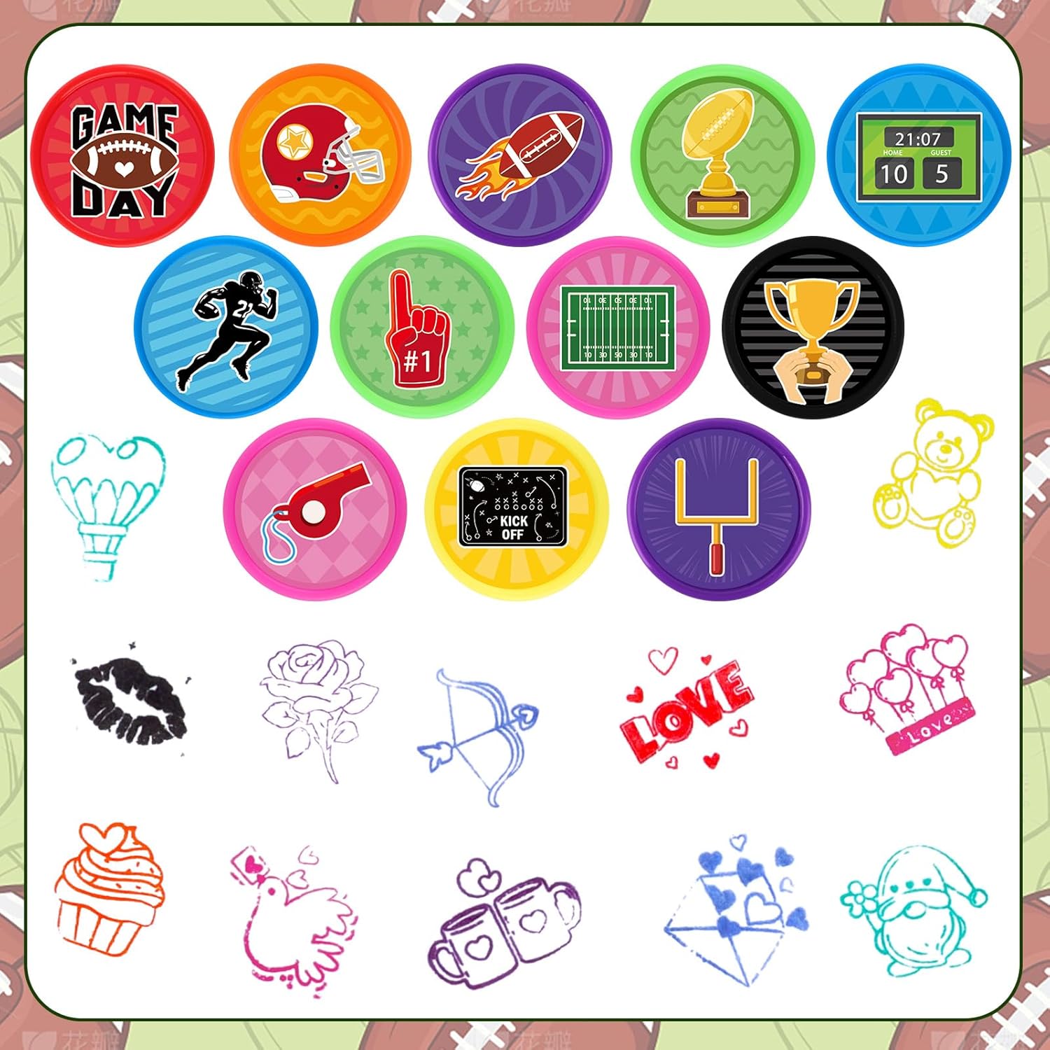 24 Pcs Football Stamps Self Inking Stamps Mini Crafts Stampers Sport Themed Birthday Party Favors for Boys School Classroom Rewards Carnival Prizes Supplies Goodie Bag Gifts