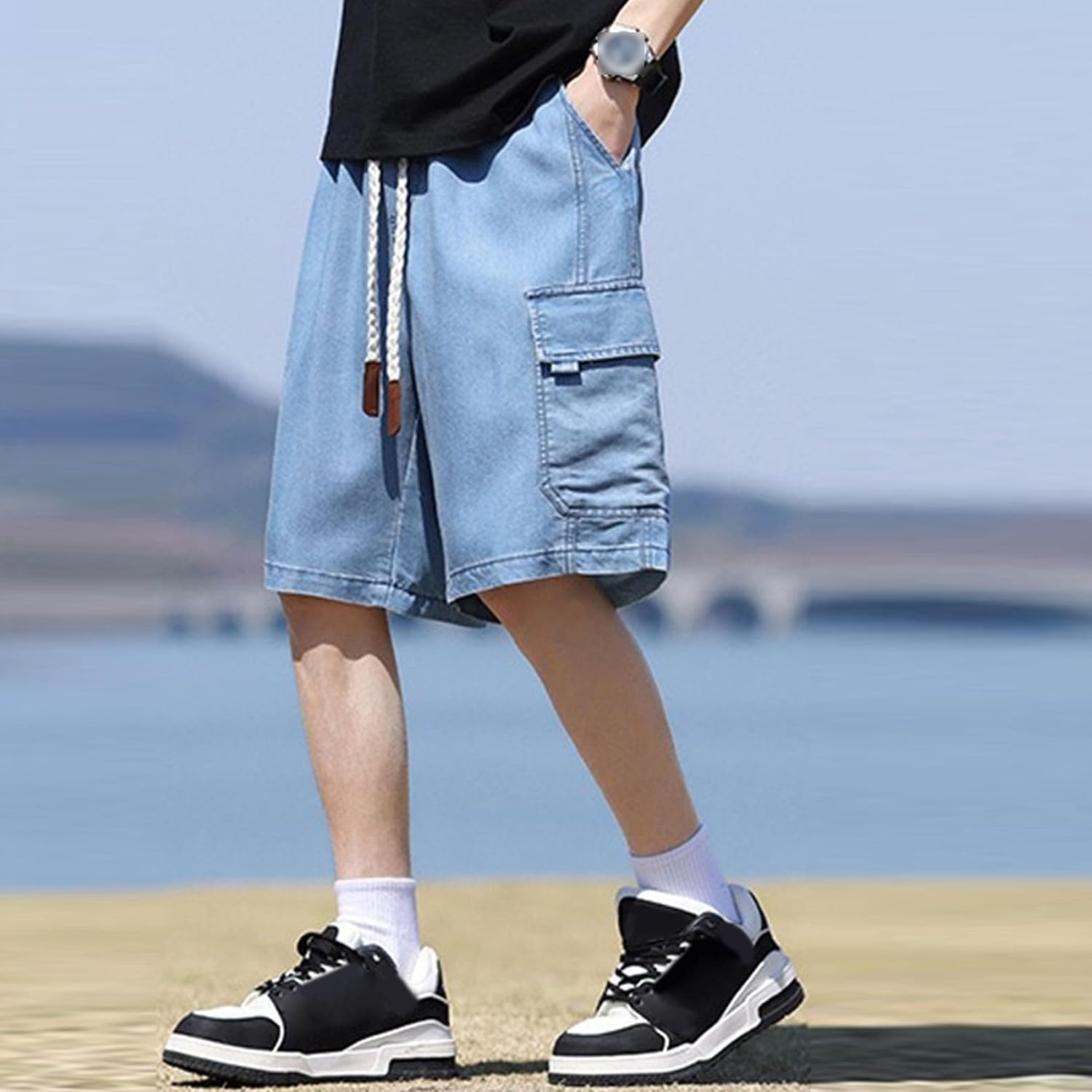 Maiyifu-GJ Men's Jean Shorts Elastic Waist Straight Denim Shorts Casual Loose Fit Short Jeans Streetwear