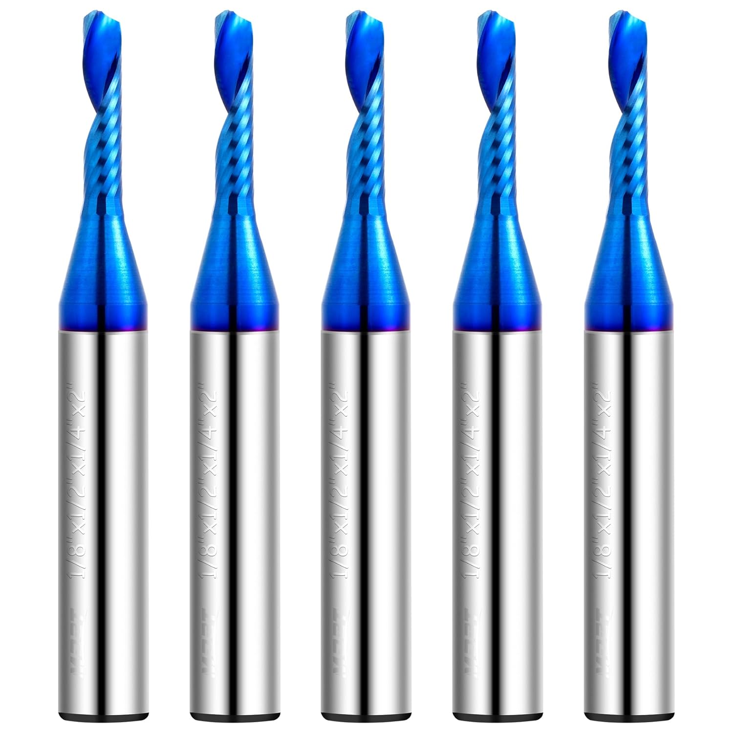 O Flute Upcut Spiral Router Bit,Carbide Single Flute End Mill 1/4" Shank,1" CL. 2-1/2"OVL Coated CNC Router Bit for Acrylic Aluminum Wood Cut Plastic PVC MDF (5, 1/8" D-1/2 CL-1/4 SHK*2L)
