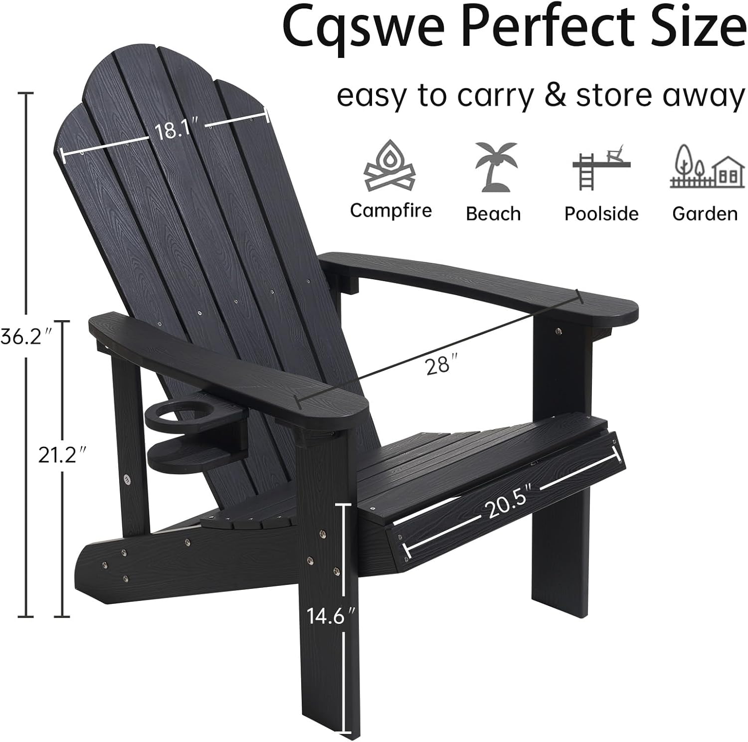 Adirondack Chair，All-Weather Can Used Patio Chair with Cup Holder，Sturdy Outdoor Lawn Chair，Easy Clean Surface and Anti-Tip Safety Features,Black